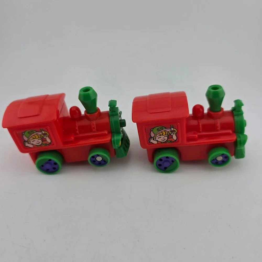 Vintage Wind Up Train Engine Toy Set 2pc Red Green GOOD Miniature Playroom Decor